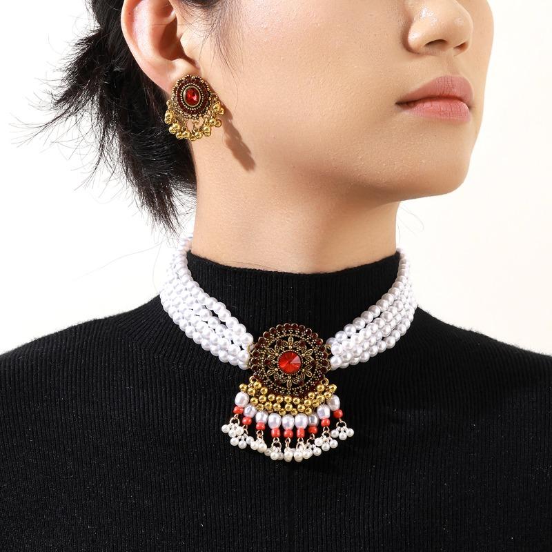 Multi-layered pearl necklace, rice bead tassel earrings, retro bohemia ethnic style jewelry