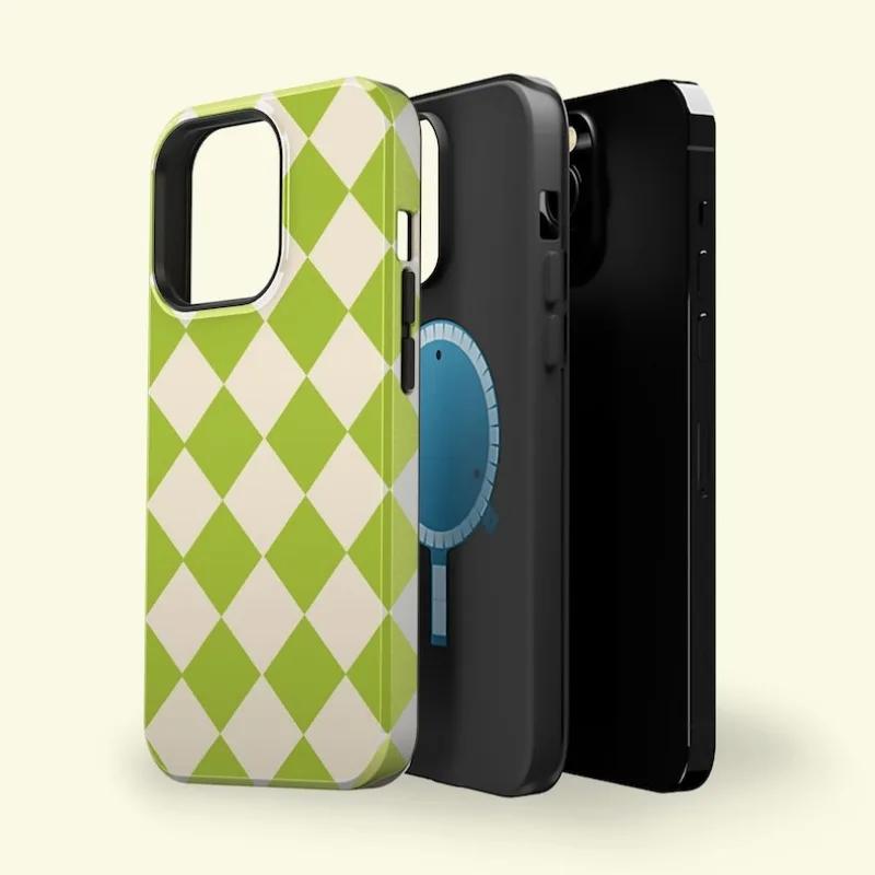 Luxury Clmj Diamond Checkered Green Phone Case for iPhone 16 15 14 13 12 11 Pro Max Plus Magnetic Double-layer Back Cover