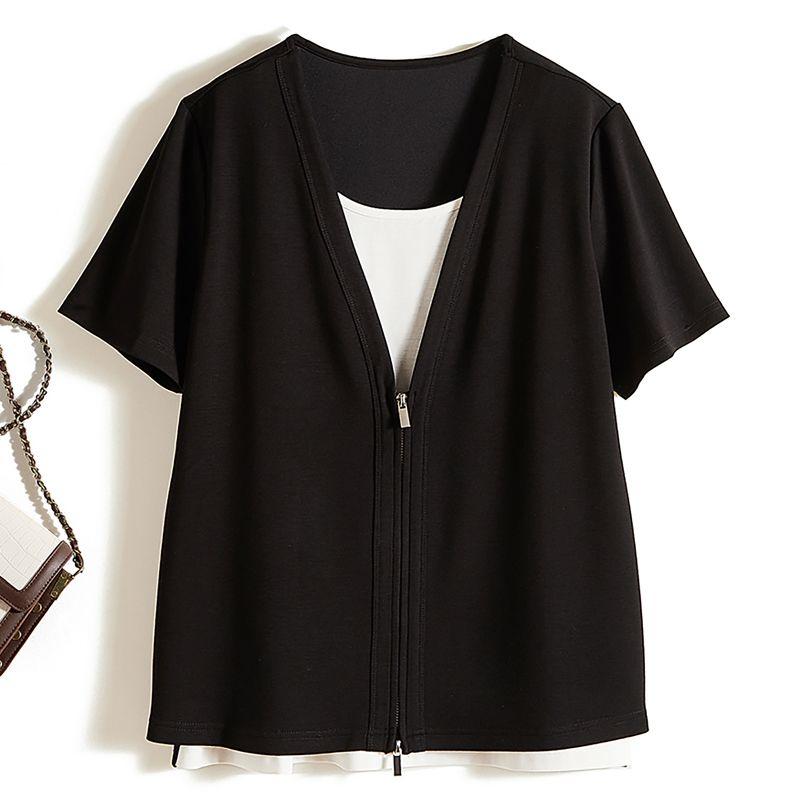 

Топ дизайна уровня пенни! Харадзюку Женская Летняя Футболка-Пуловер с Контрастным Цветом и Молнией Спереди, Имитация Двух Предметов, Удобная и Дышащая Black L