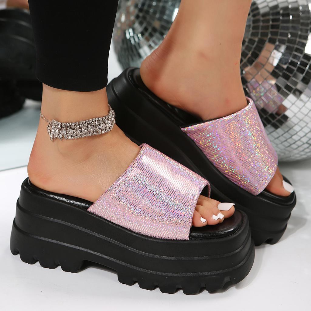 European and American Spring and Summer New Fashion Muffins and Thick-soled Large-size Slippers Women's Head Waterproof Table One-word Drag