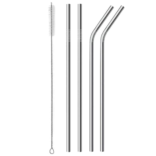 Four 12-inch Extra Long Reusable Metal Stainless Steel Straws with Cleaning Brush and Silicone Tips for Tall Tumblers
