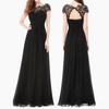Women Rhinestone Lace Neck Cap Sleeve Backless Slim Fit Pleated Long Party Dress