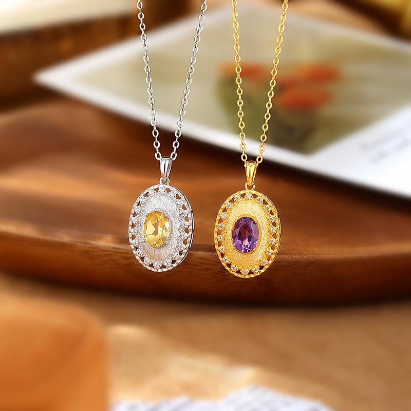 S925 Sterling Silver Natural Amethyst Citrine Necklace Female Brushed Craft Gemstone Pendant Court Style Clavicle Chain