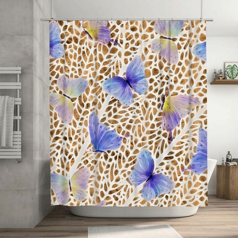 Bath Shower Curtain Waterproof Fabric Decorative Print Purple Blue Yellow Butterfly Pattern Home Decoration