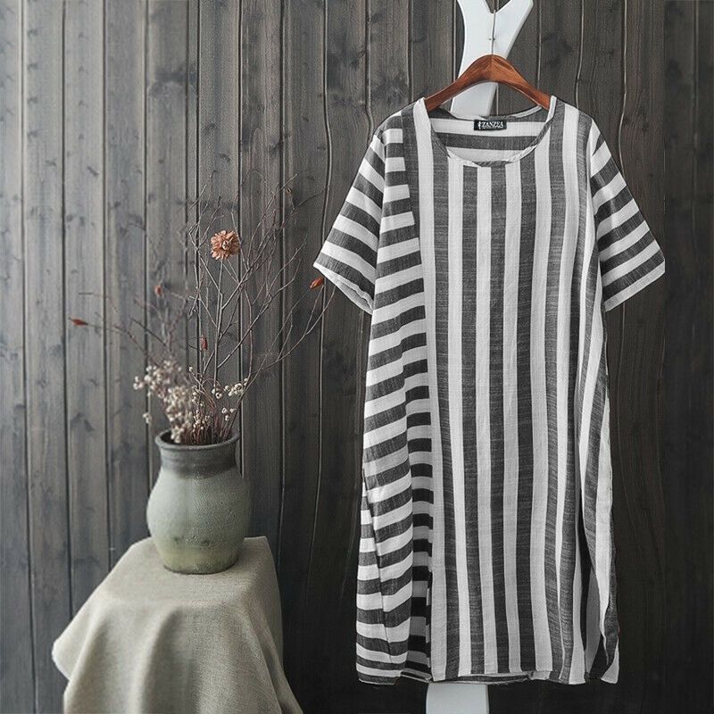 

Полосатое платье с круглым вырезом и коротким рукавом для женщин Black XXL