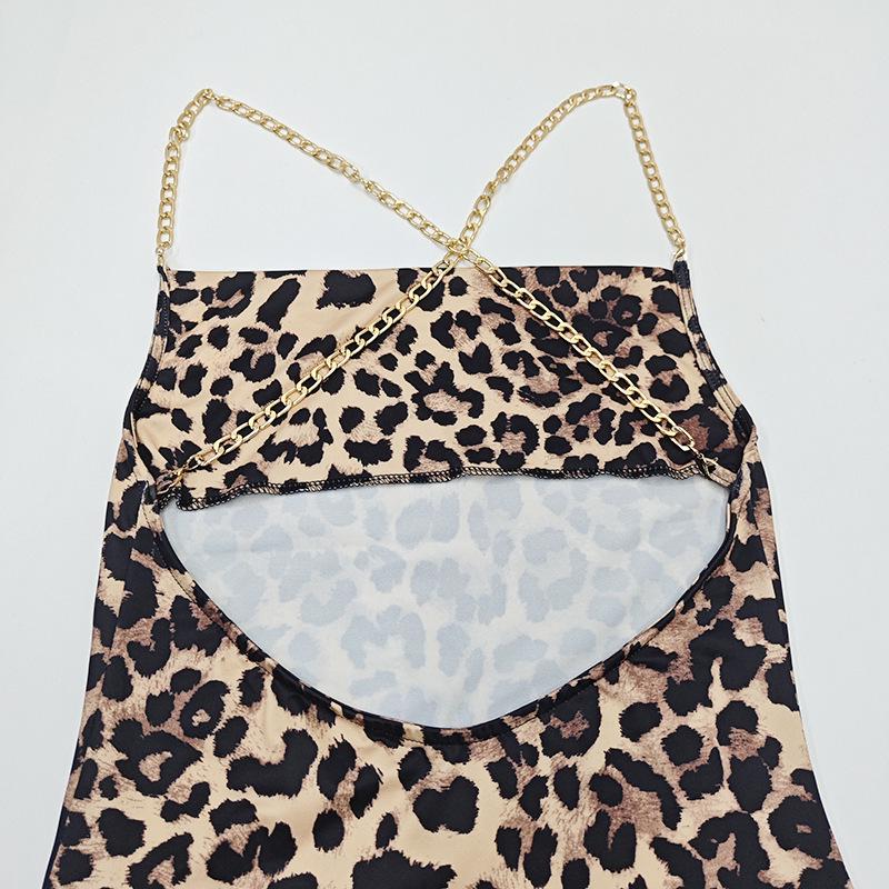 European & American Leopard Print Backless High Slit Dress