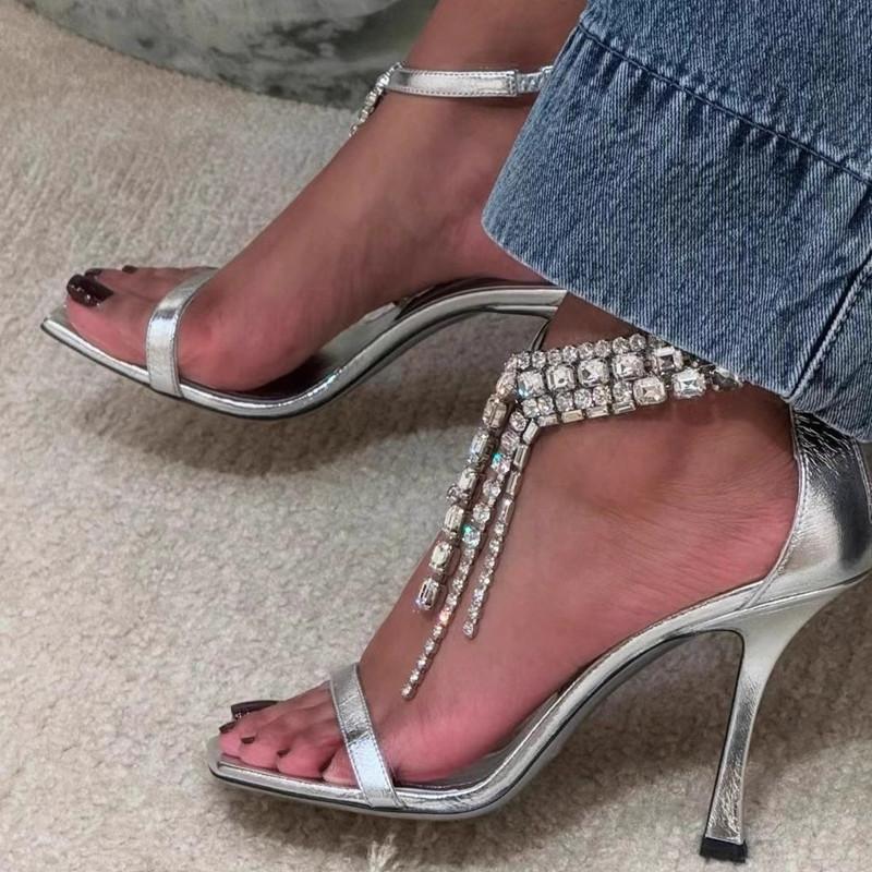 Fashion 2025 New Luxury Rhinestones Tassels Women Gladiator Sandals Sexy Ankle Strap Crystal Thin High Heels Summer Party Wedding Shoes