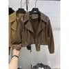 ZZ Women's Hong Kong Style Short Brown Motorcycle Jacket - 2025 Trendy Temperament Design.