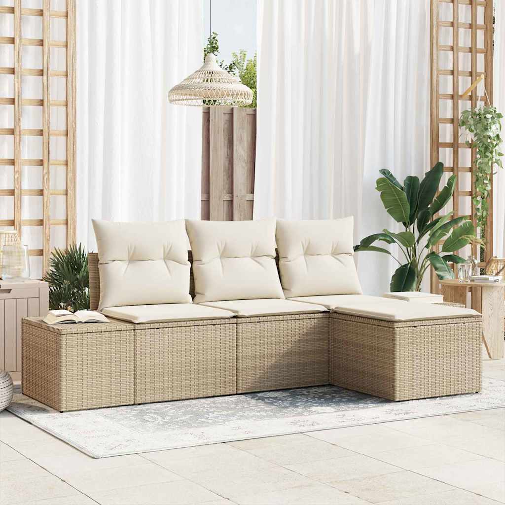 Sofa Set with Cushions 4 Pcs Beige Poly Rattan