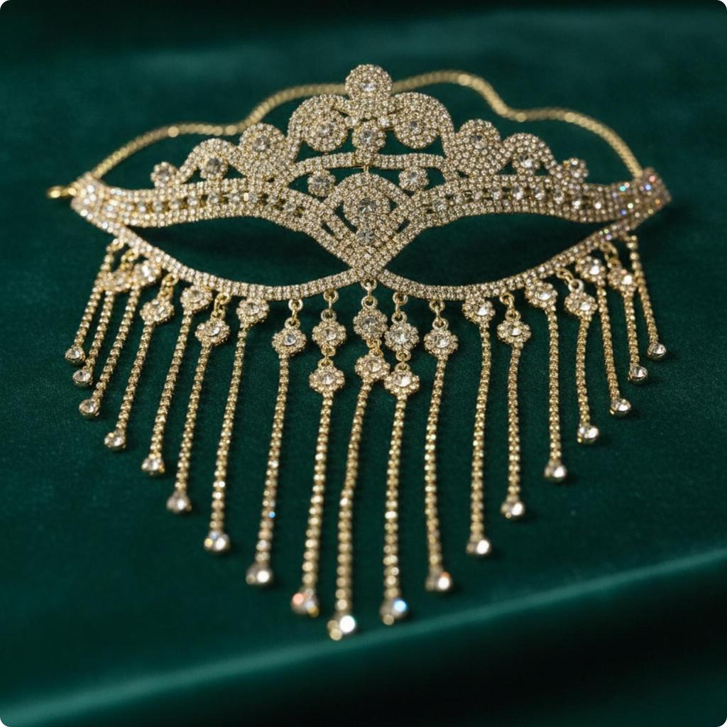 Ornate Geometric Masquerade Mask with Rhinestones Sparkling Rhinestone Fringe