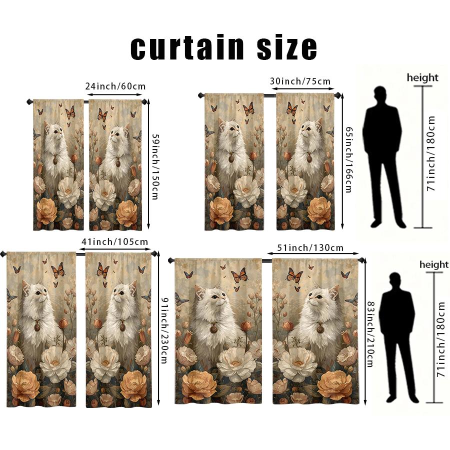 

2PCS, Multicolor, White Cat with Floral and Butterfly Print Curtains, for Bedroom and Living Room, Rod Pocket Style 24x59in(60x150CM)x2&Rod Pocket&2 panels