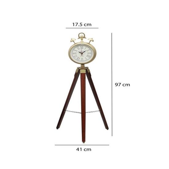 Modern Brun Polerad Trä Stativ Aluminium Mässingsfinish Analog Bordsgolvklocka, Klocka på Stativ för Hem och Kontor