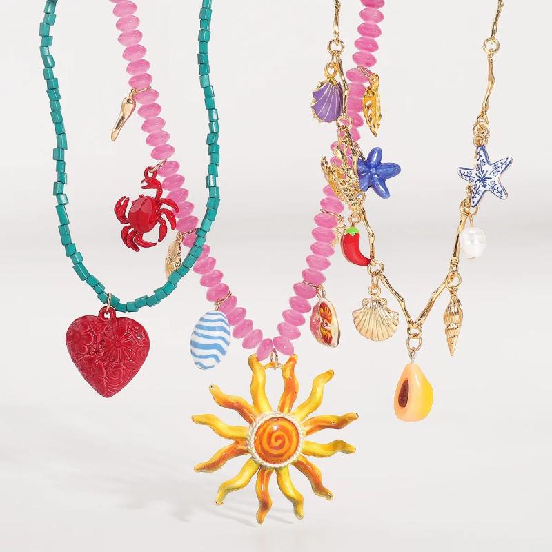 Vintage Sun Heart Conch Crab Pendant Necklaces for Women Candy Color Rice Beads Enamel Multi Layer Necklace Jewelry Gift