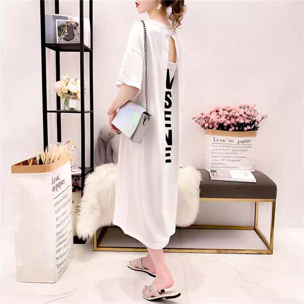 Korean Style Plus Size Women's Versatile Letter Print Backless Over-the-Knee Dress