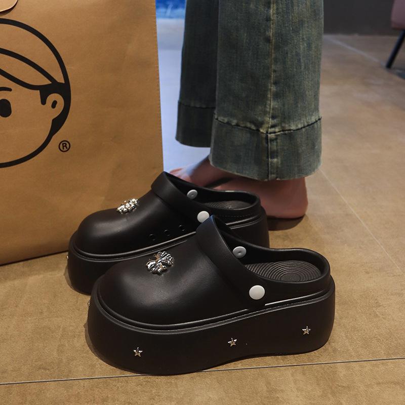 

Женские полушлепанцы с заклепками, с открытым носком, на толстой подошве, увеличивающие рост, нескользящие, с носком манго для весны/лета 2025 40/41 чёрный