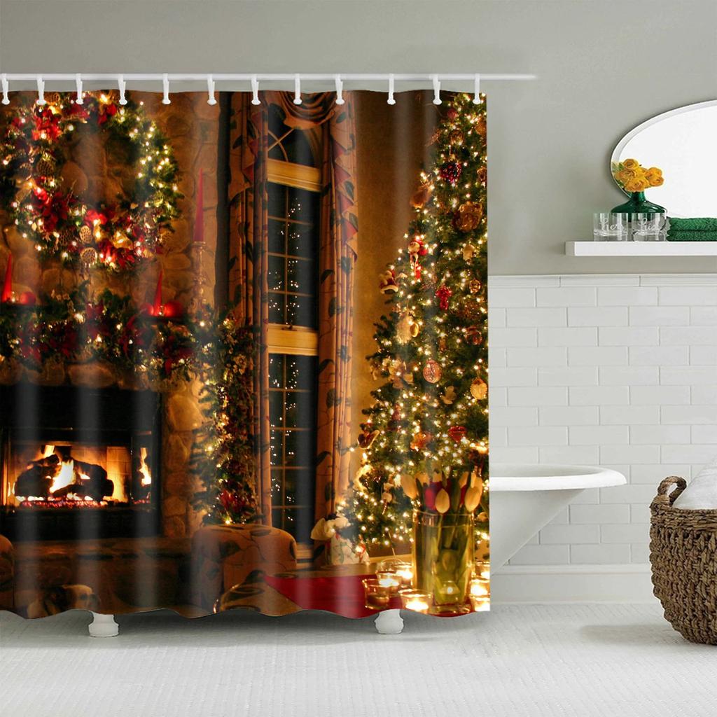 Merry Christmas Shower Curtains New Year Santa Bathroom Decor Bath Curtain Cartoon Snowman Elk Bath Bathroom Curtains