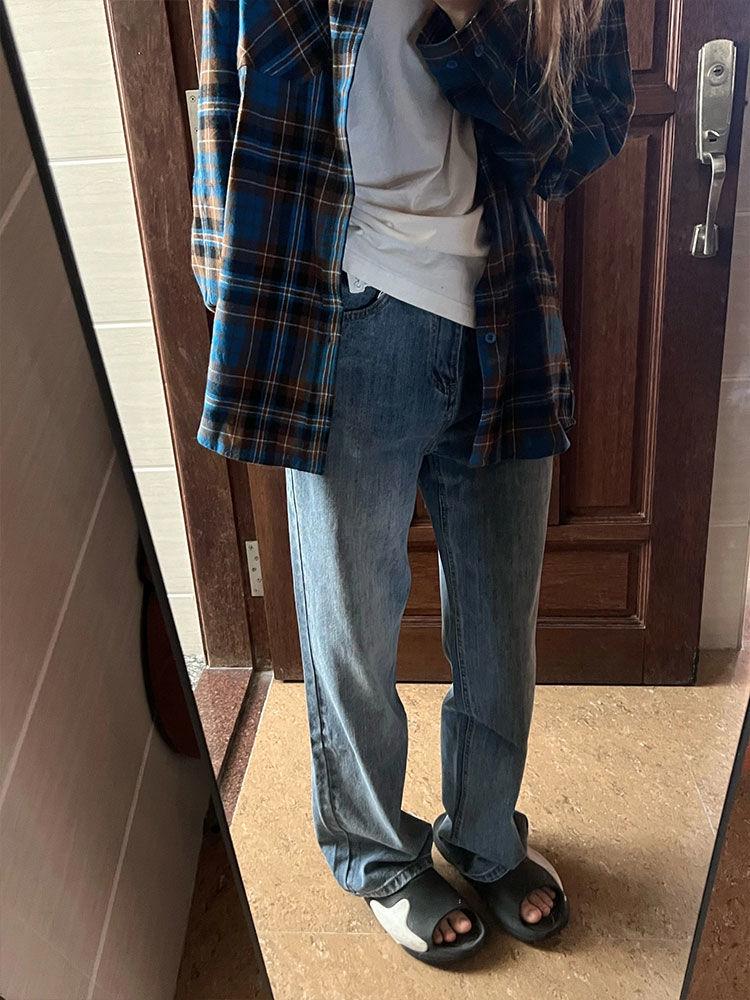 2026 Women's Slim-Fit Blue Plaid Shirt - Retro, Versatile, Summer Sun Protection