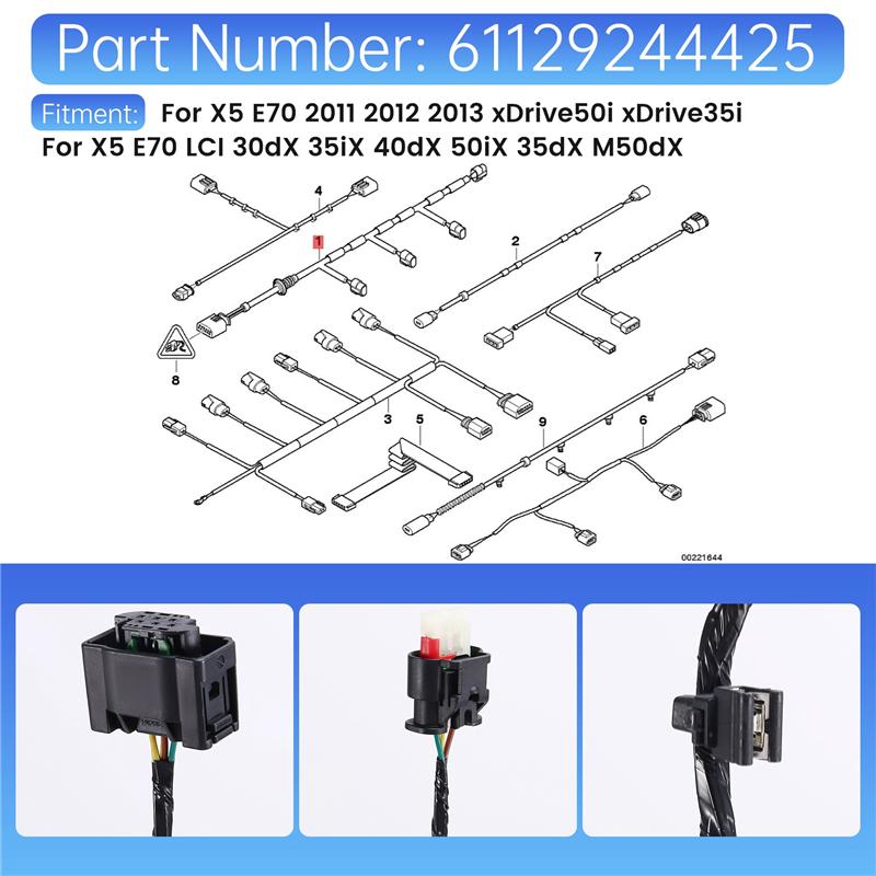 AEA7-Car Rear Bumper PDC Wiring Reversing Radar Harness 61129244425 For BMW X5 E70 2011-2013 Parking Sensor Wiring Harness