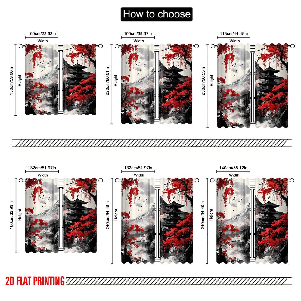 2pcs,2D Plane Printing Curtain Popular Crimson Serenity(1) Durable Polyester (without Rod) Gifts for Bedroom, Kitchen, Office &