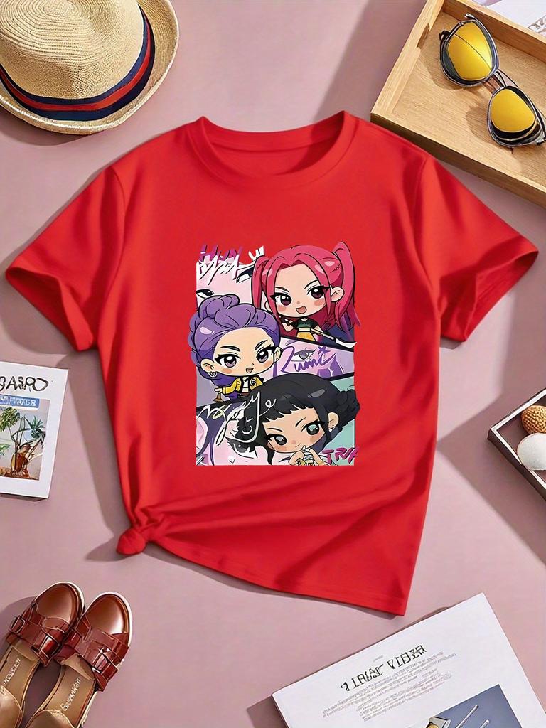 Summer Short Sleeve T-shirt 95% Cotton Round Neck Casual Playwear Top Random Cute Print Hearts Flowers Animals Soft Breathable