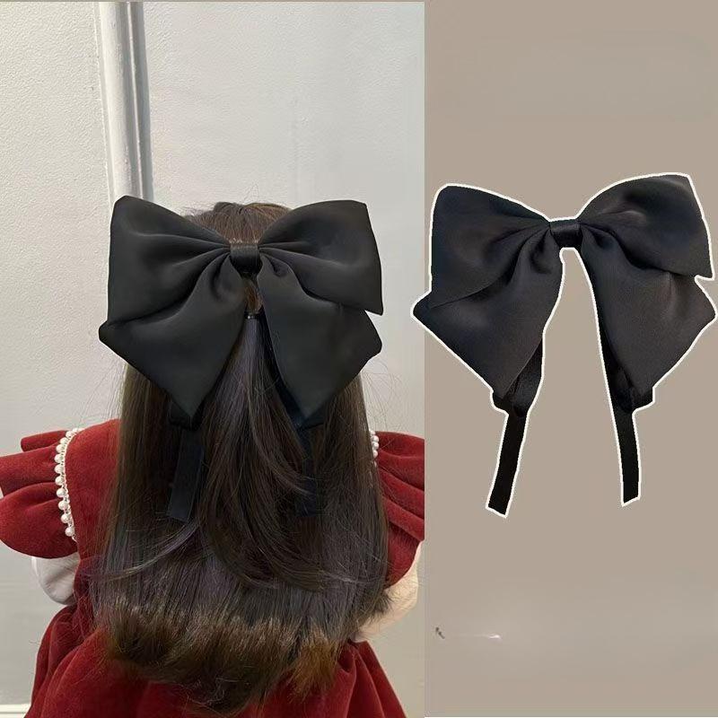 Children's Large Bow Hair Clip  Princess Style Satin Wine Red Ribbon Hair Clip  Back of The Head with A Headband  A Female Hair Accessory