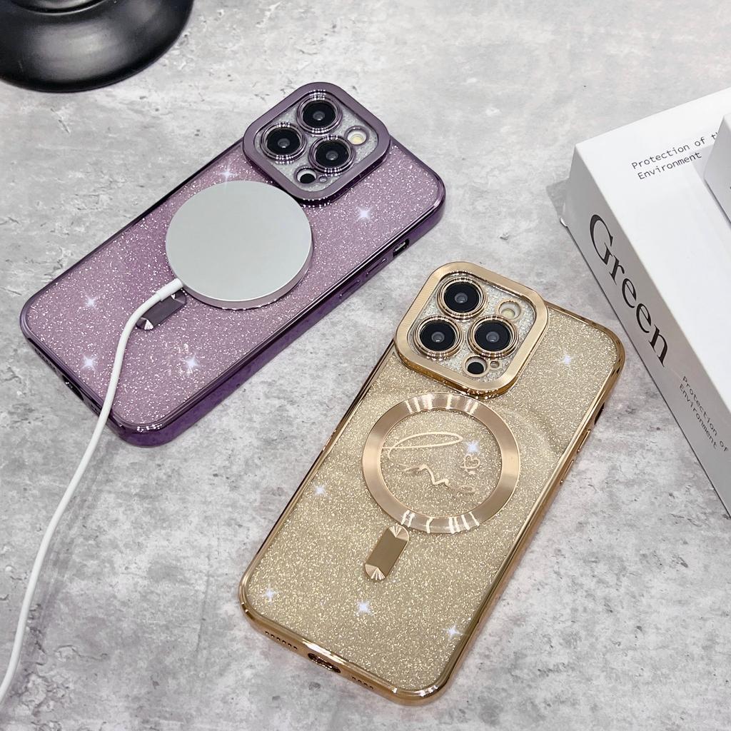 Electroplated Magnetic Soft Case for iPhone 15 Pro Heart Full Coverage Ins Apple 17 Gradient Glitter Phone Case Cover