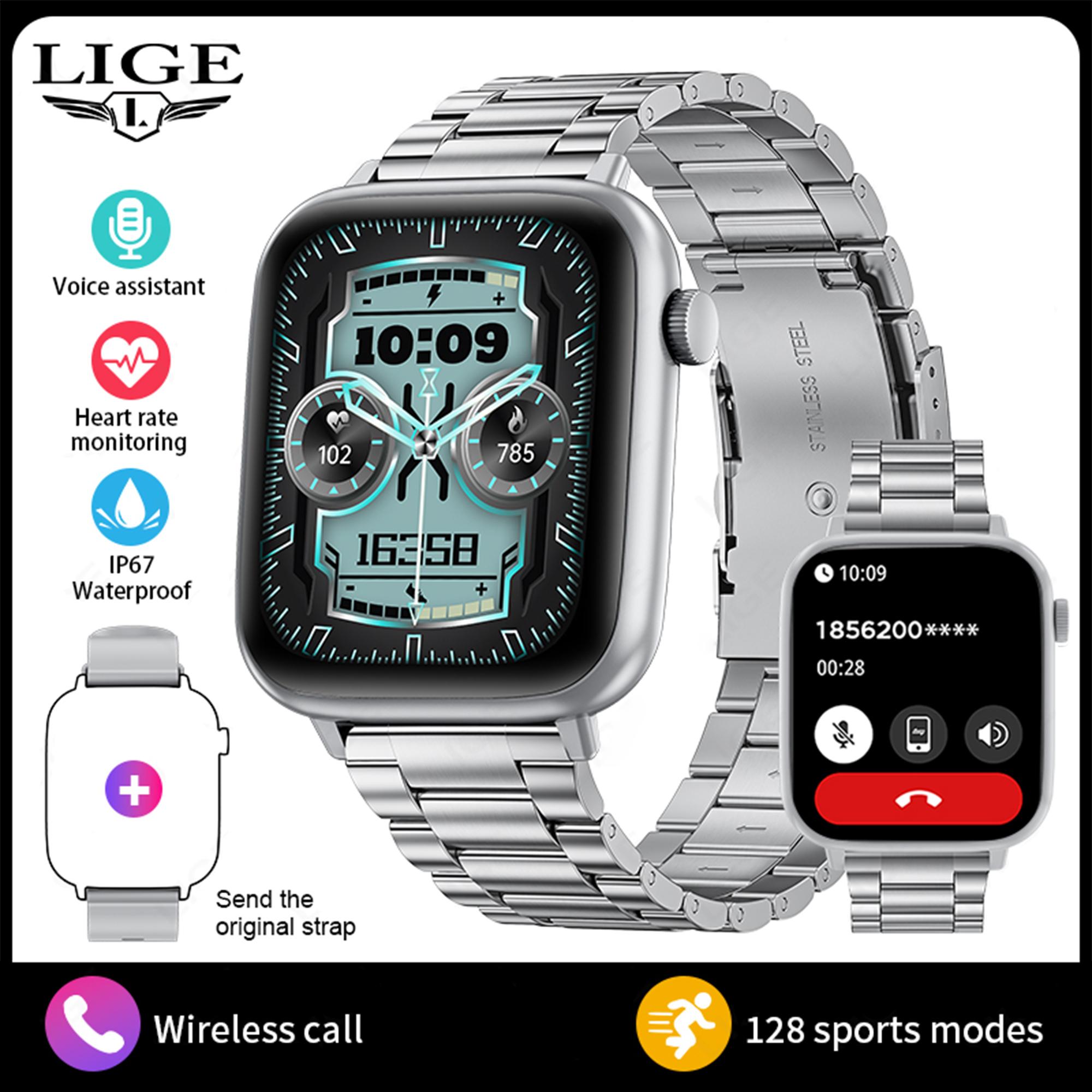 

LIGE Новые умные часы с сенсорным экраном Bluetooth для звонков, спорта и фитнеса, мужские умные часы steel strap серебряный