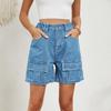 Washed Elastic Waist Workwear Casual Denim Shorts for Summer