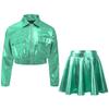 Mädchen Metallic Hip Hop Jazz Tanz Umlegekragen Langarm Reißverschluss Jacke Elastischer Bund Ausgestellter A-Linien Rock