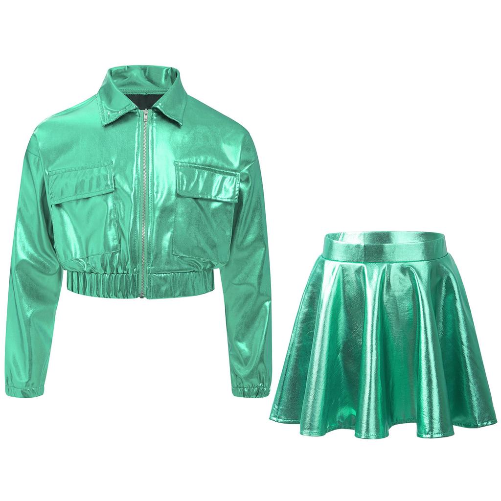 Mädchen Metallic Hip Hop Jazz Tanz Umlegekragen Langarm Reißverschluss Jacke Elastischer Bund Ausgestellter A-Linien Rock