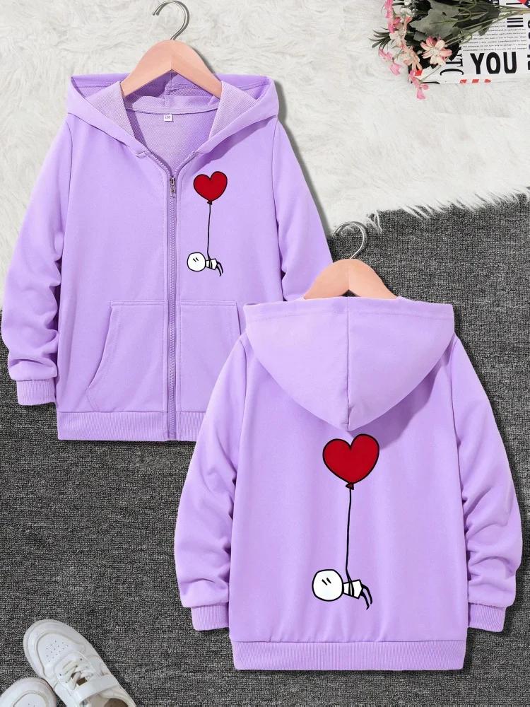 Childrens Zip Hooded Jacket Minimal Cartoon Heart Balloon Character Graphic Front And Back Print Long Sleeve Casual Sweet Coat