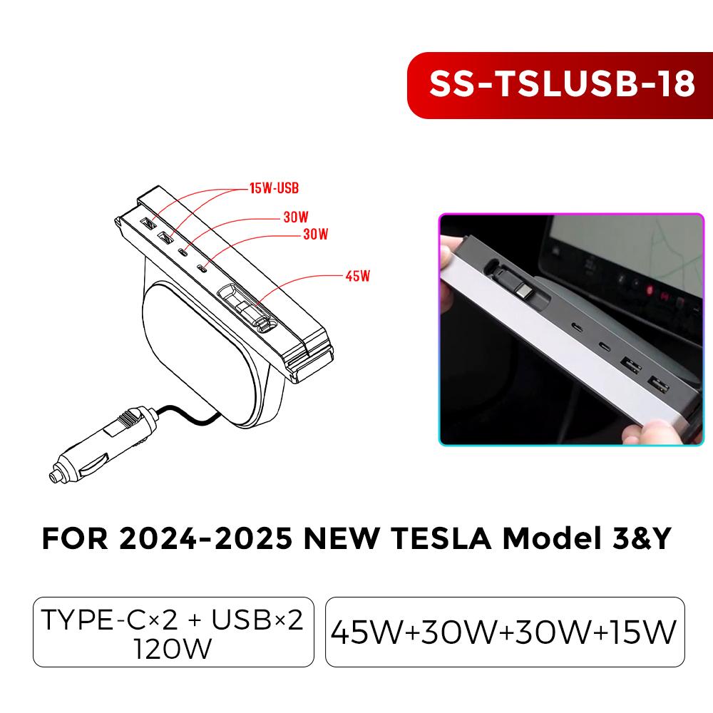 For Tesla Model 3 Y NEW 2025 2025 Docking Station Quick Charger Type-C USB Shunt Hub Fast Charging Power Splitter Car Accessorie
