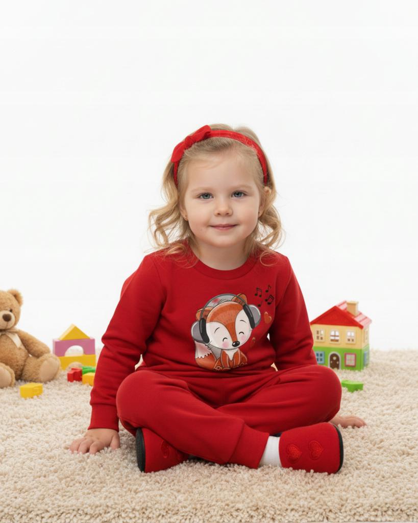 Girls' Tracksuit Set 104 2-Piece Cotton Fox Print Red