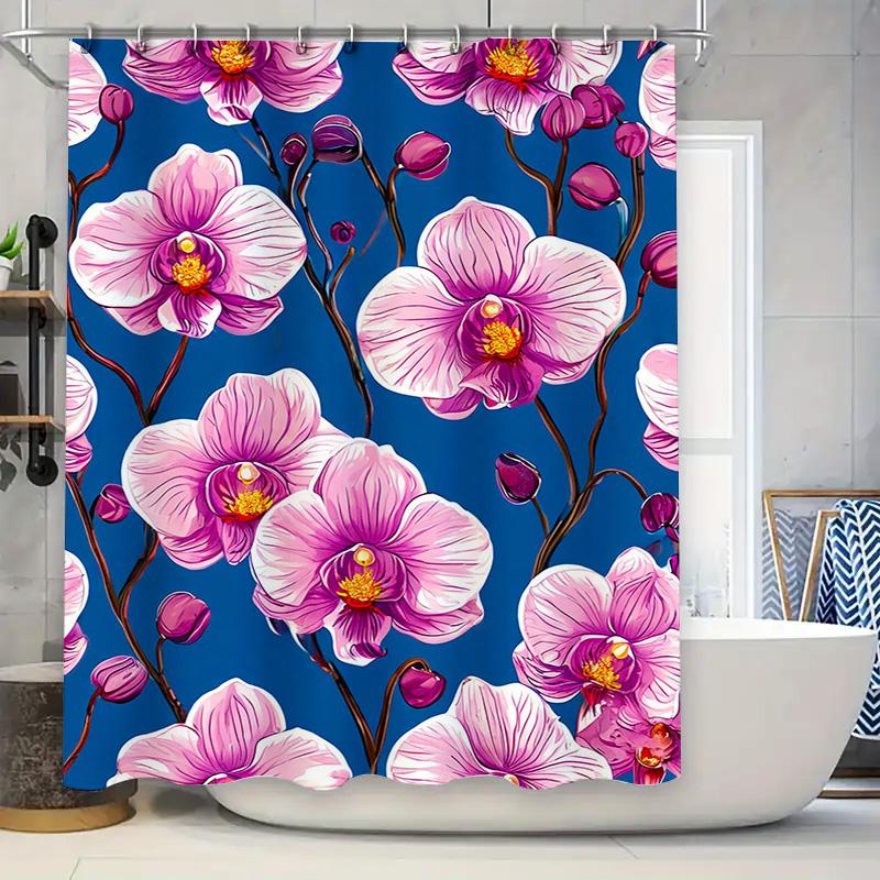 

Orchid Printed Shower Curtain Pink Purple Floral Design, Waterproof Fabric For Bathroom Decor, 3D Print Bath Mat Set, Blue Backg W60H190(CM)-1 Pcs