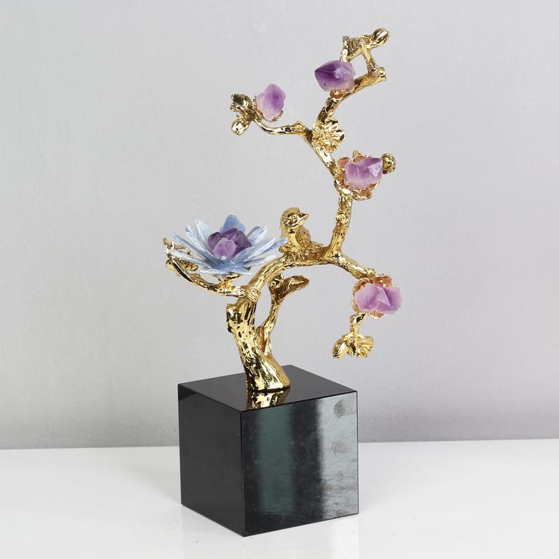 Metal Handicraft Golden Tree Crystal Flower Brass Amethyst Decoration Golden Bird Metal Decorative Figurines Home Decoration
