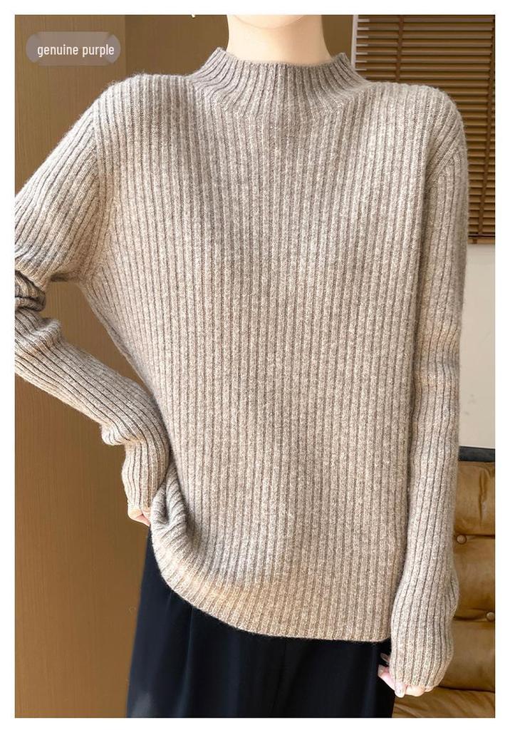 Women's Cashmere Striped Slimming Knit Sweater - Half-High Neck Autumn/Winter Base Layer