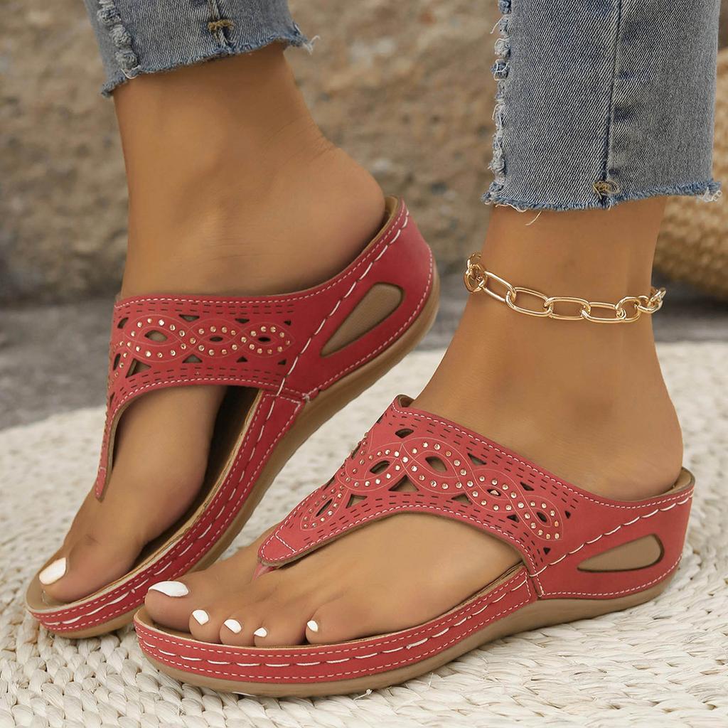 Acorns Womens Slippers Wedge Platform Slide Slip On Thong Cutout Rhinestone T Strap Walking Breathable Sandals For Woman