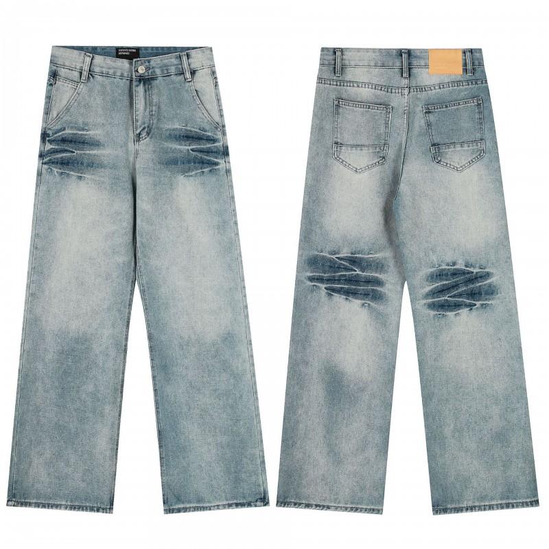 Mens Distressed Straight Fit Denim Jeans With Embroidery Mid-Rise Water Washed Cotton Blend Streetwear Casual Pants