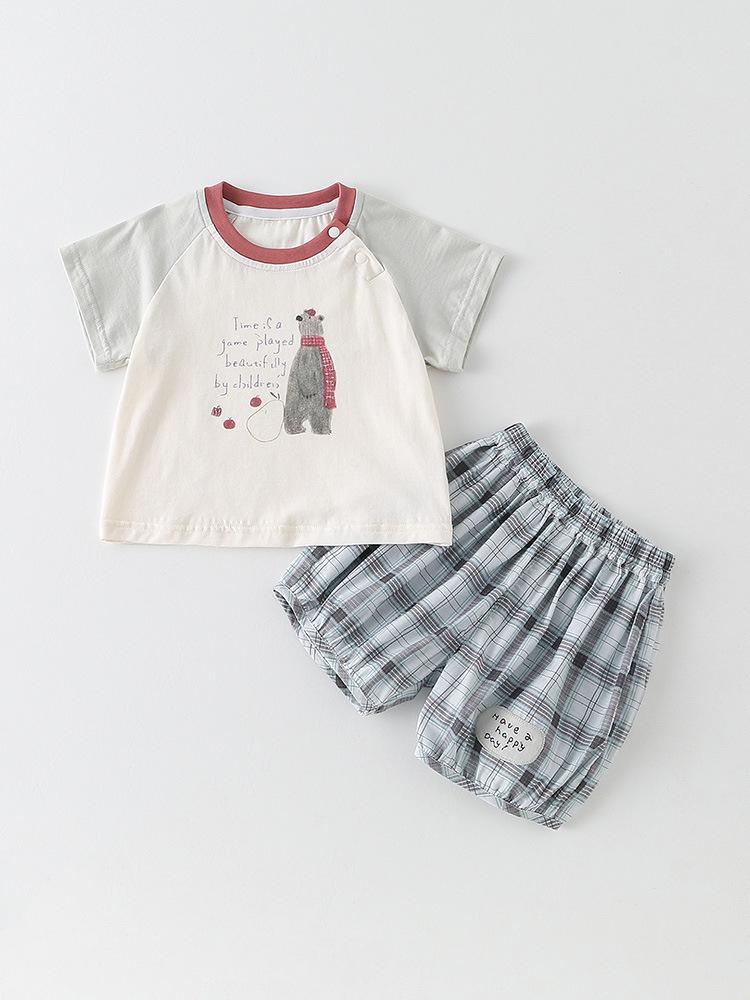 Sommer Jungen Cartoon Print Zweiteiliges Set: Kurzarm-T-Shirt & Karierte Shorts