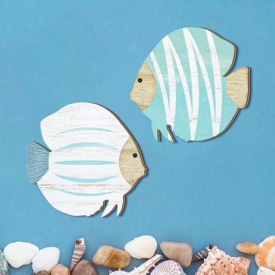 2 Pcs Wood Fish Beach Wall Art Wooden School of Fish Wall Decor Nautical Coastal Theme Wall Hanging Ornament for Bathroom Lake House