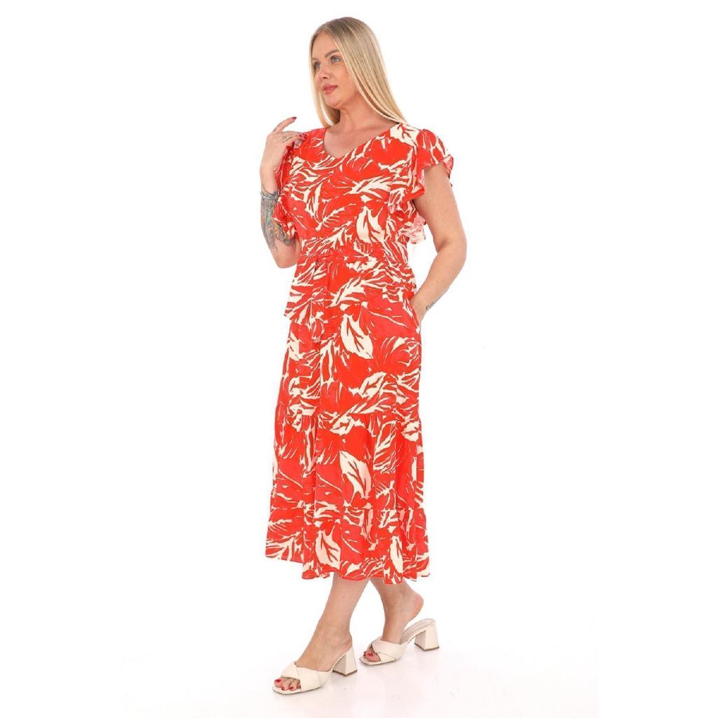 Flounce Sleeves Crew Neck Belted Floral Patterned Long Viscose Dress