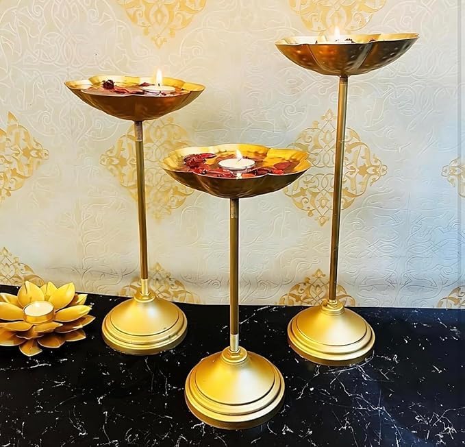 Taj Bowls Set Candle Stands Urli Tealights and Oil Diya | Golden Puja Home Festival Wedding Birthday Indoor Outdoor Anniversary