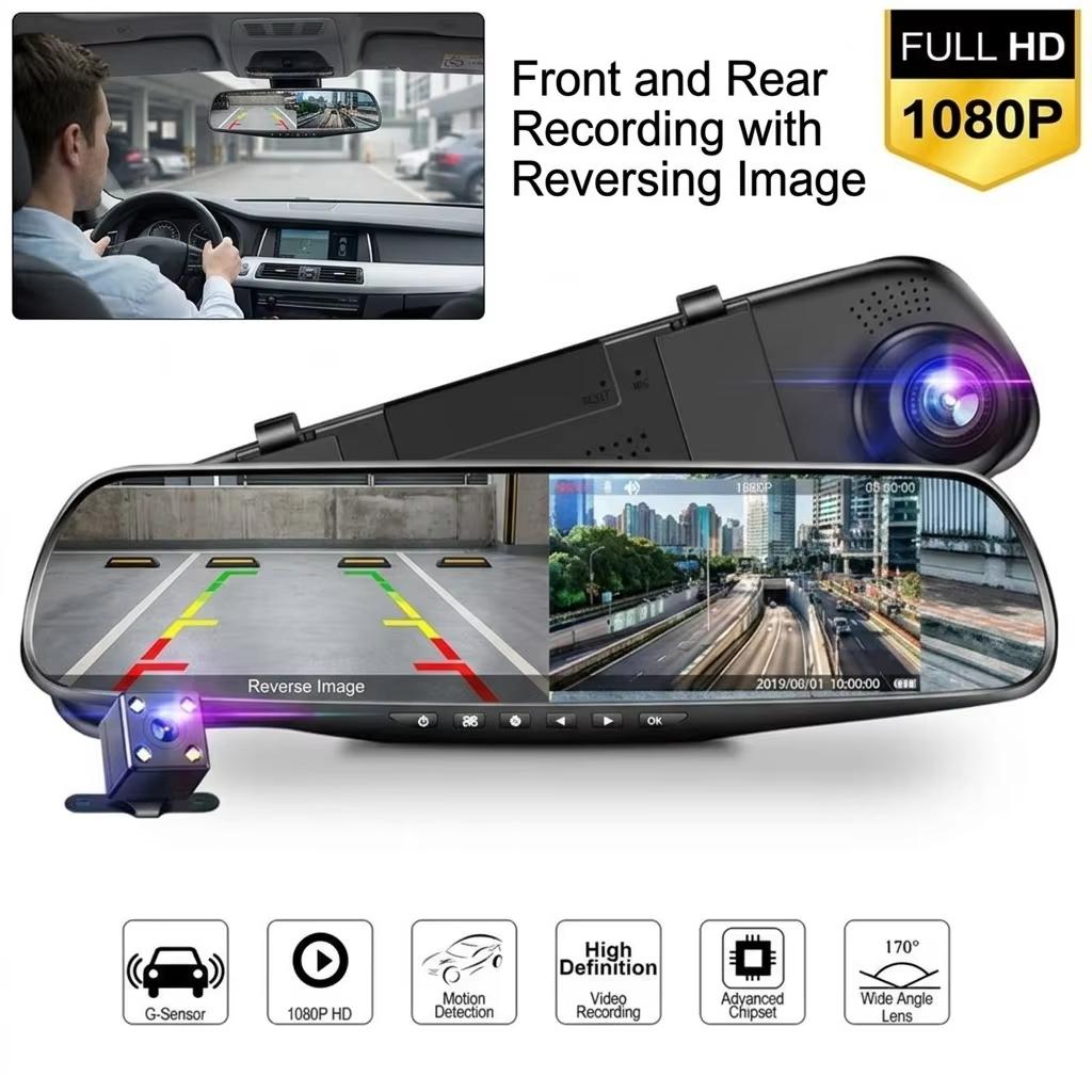 Cameră de bord tip oglindă 4,3 inch Opțiune lentilă unică sau dublă Înregistrare față-spate DVR Auto Viziune nocturnă Cameră de rezervă pentru marșarier
