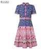 ZANZEA Women Casual Stand Collar Summer Short Sleeve Print Dress