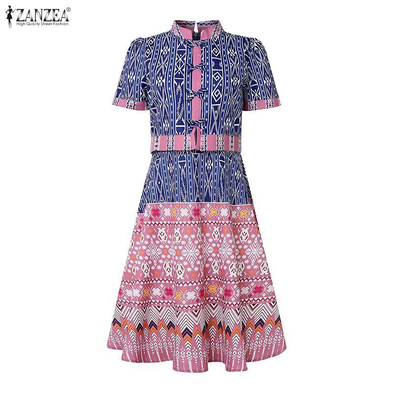 ZANZEA Women Casual Stand Collar Summer Short Sleeve Print Dress