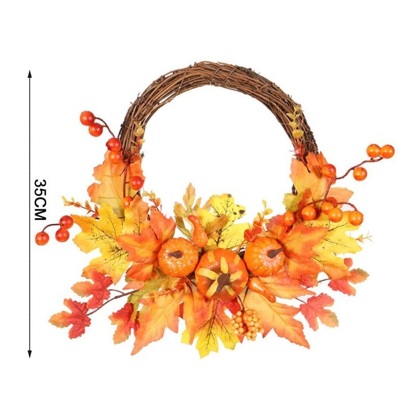 New 14 Inch Artificial Fall Rattan Wreath Harvest Thanksgiving Halloween Home Decor for Front Door with Pumpkins Maple Leaf Berry