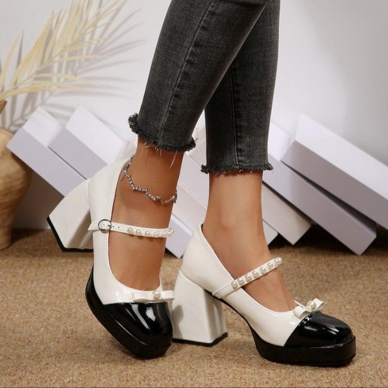 2026 Fashion High-heeled sandals Block Heel Single Shoes Fashion Round Toe Shallow Mouth Pearl One Line Bow Platform Pump