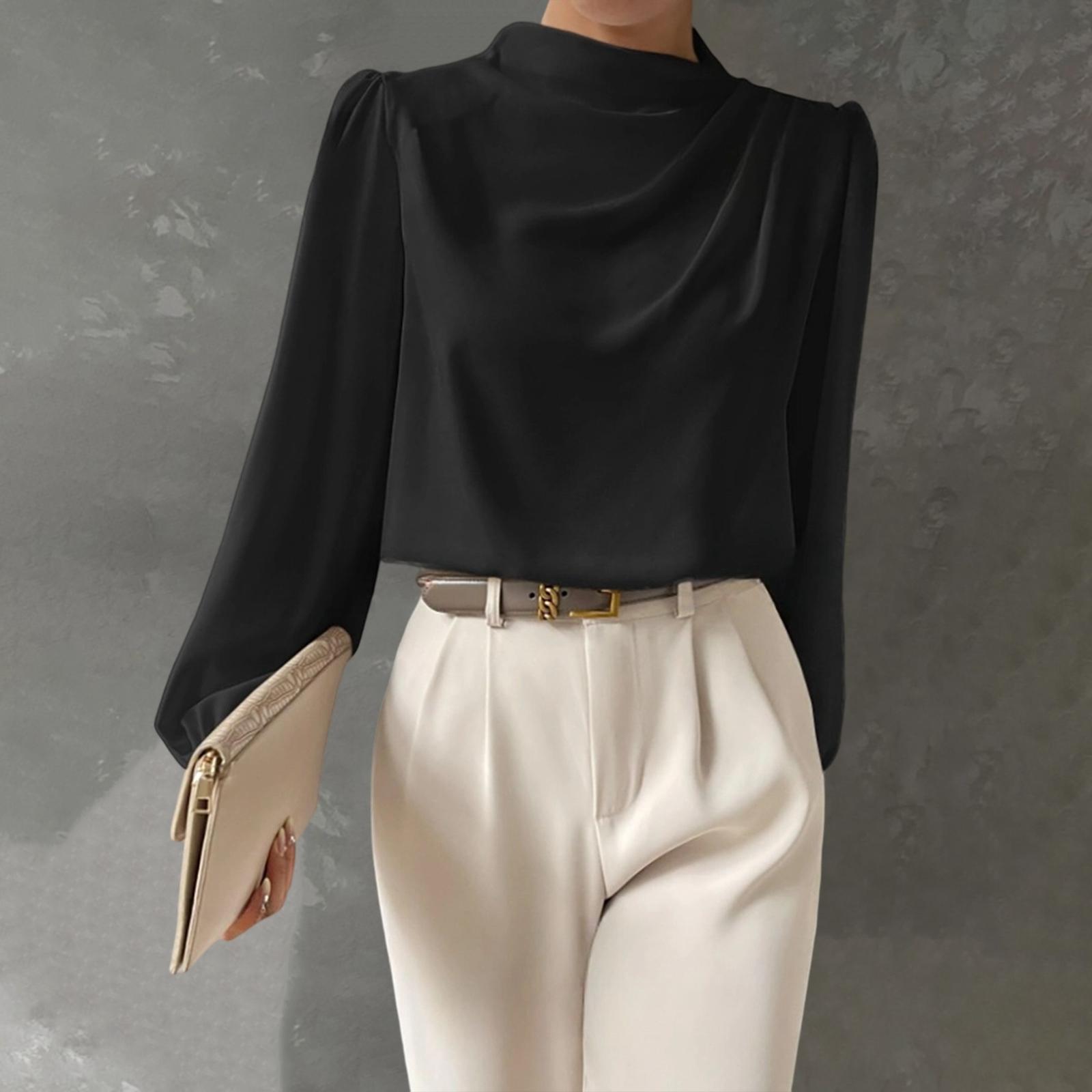 

Women s Solid Color Satin Elegant Long Sleeve Blouse L