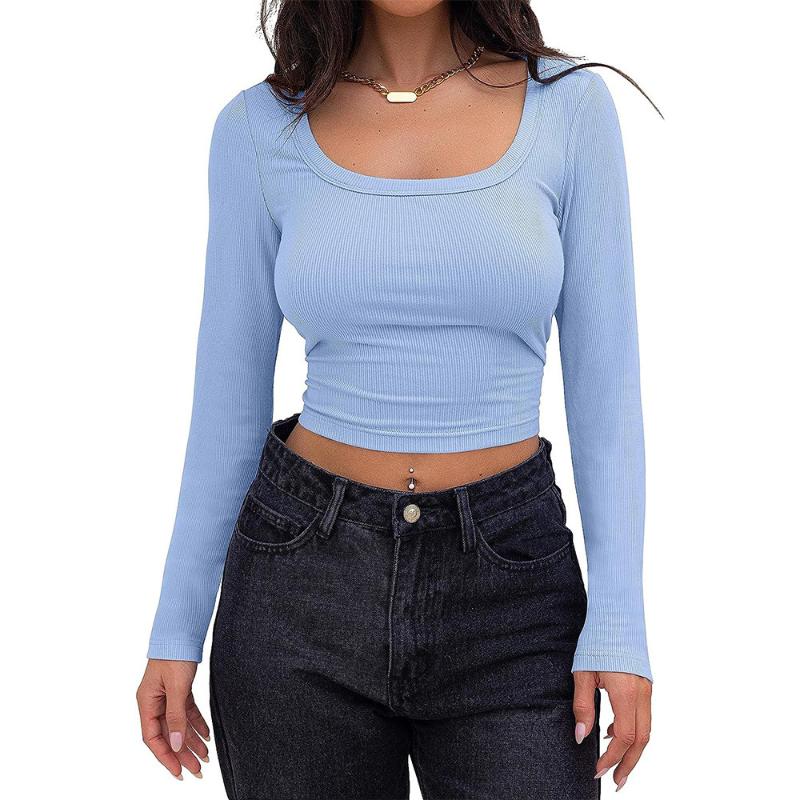 Women's Threaded Slim Fit Long Sleeve Square Neck T-shirt for Women S-XL Belly Button Top