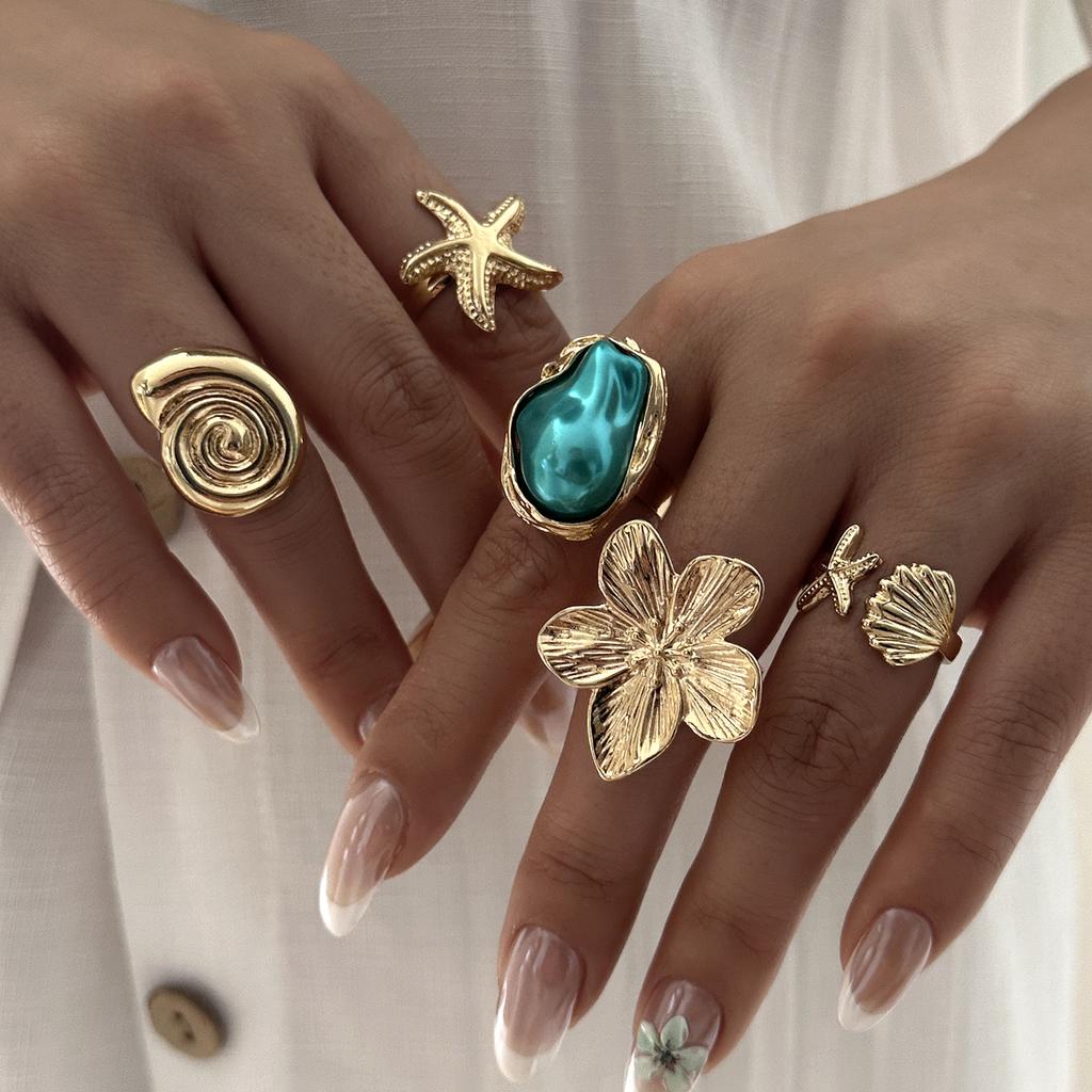 5Pcs Starfish Shell Ring Set For Women Irregular Baroque Imitation Pearl Metal Flower Stacking Finger Ring Beach Party Jewelry